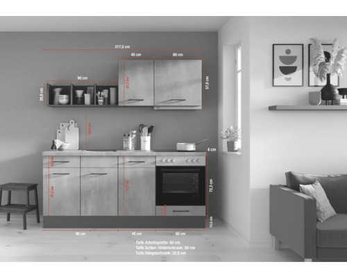 Cuisine linéaire avec dimensions pour illustrer la taille et l''agencement