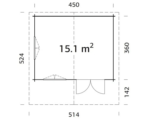 Grundriss eines Gartenhauses mit Flächenangabe und Abmessungen
