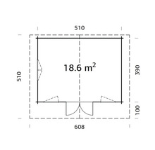 Grundriss eines Gartenhauses mit den Maßen 608 mal 510 Zentimeter und einer Fläche von 18,6 Quadratmetern.