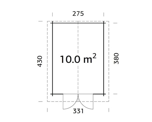 Grundriss eines Gartenhauses mit den Maßen 275 x 430 x 380 x 331 und einer Fläche von 10 Quadratmetern