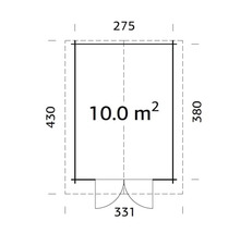 Plan d''un abri de jardin d''une superficie de 10 mètres carrés et de dimensions 275 x 430 centimètres.