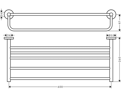 Technische Zeichnung einer Handtuchablage mit Maßangaben.