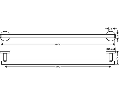Technische Zeichnung einer Handtuchstange mit Maßangaben