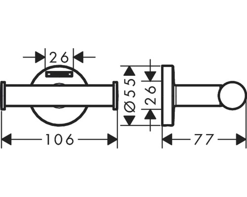 Technische Zeichnung eines Toilettenpapierhalters mit Maßangaben