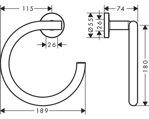 Technische Zeichnung eines Handtuchrings mit Maßangaben