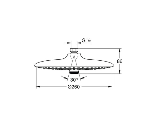 Schéma technique d''une pomme de douche avec indications de dimensions