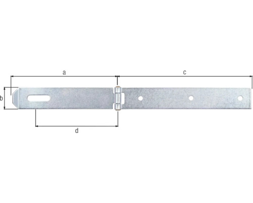 Sur la photo, un verrou de porte avec les dimensions a, b, c et d.