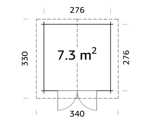 Grundrisszeichnung eines Gartenhauses mit den Maßen 276 x 330 x 340 cm und einer Fläche von 7,3 Quadratmetern