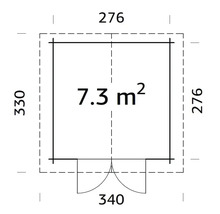 Grundriss eines Gartenhauses mit den Maßen 276 x 330 x 340 cm und einer Fläche von 7,3 Quadratmetern.