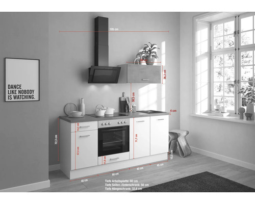 Cuisine équipée avec dimensions pour plan de travail, meuble bas et meuble haut