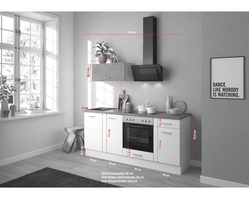 Cuisine équipée avec dimensions, hotte aspirante et armoire suspendue