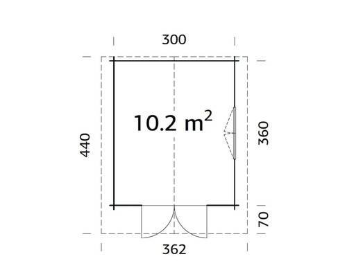 Grundriss eines Gartenhauses mit den Maßen 300 x 440 Zentimeter und einer Fläche von 10,2 Quadratmetern