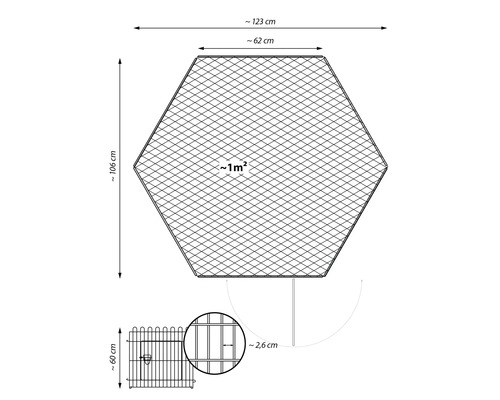 Schéma technique d''un enclos extérieur hexagonal avec indications de taille