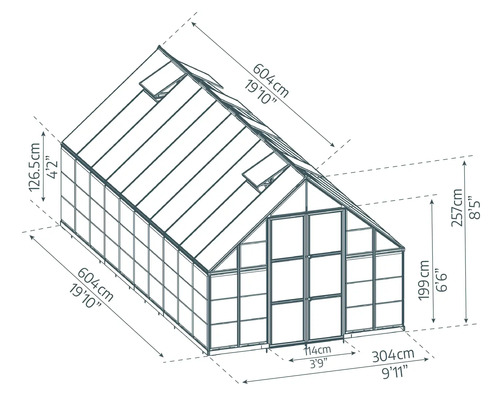 Schéma technique d''une serre avec dimensions.