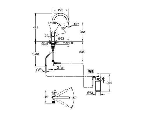 Technische Zeichnung einer Küchenarmatur mit Maßen