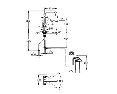 Dessin technique d''un robinet de cuisine avec dimensions
