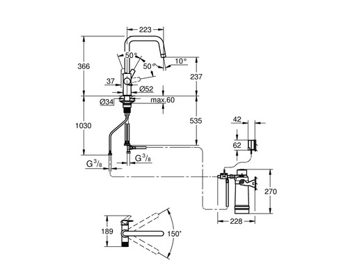 Technische Zeichnung einer Küchenarmatur mit Maßangaben