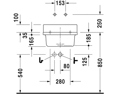 Technische Zeichnung eines Waschbeckens mit Maßangaben