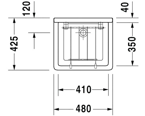 Technische Zeichnung eines Waschbeckens mit Maßangaben.