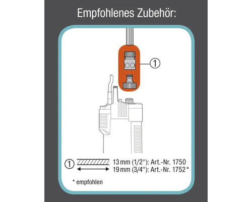 Empfohlenes Zubehör mit Verbindungsstück für 13 Millimeter oder 19 Millimeter Durchmesser
