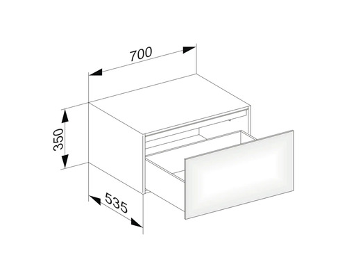 Technische Zeichnung eines Waschtischunterschranks mit Schublade und Maßangaben