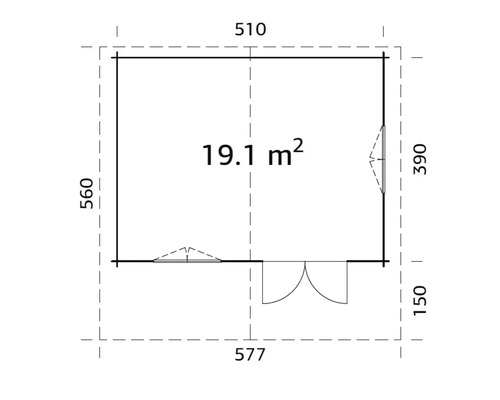 Plan avec dimensions : 510 x 577 centimètres, surface : 19,1 mètres carrés