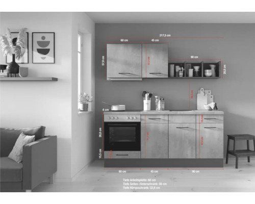 Cuisine équipée avec éléments hauts et four intégré avec dimensions