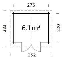 Grundrisszeichnung eines Gartenhauses mit den Maßen 276 x 283 x 230 x 332 und einer Fläche von 6,1 Quadratmetern