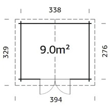 Plan d''un abri de jardin mesurant 338 x 329 x 276 x 394 centimètres et d''une superficie de 9 mètres carrés.