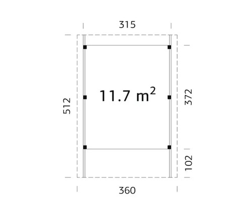 Grundriss mit den Maßen 315, 360, 372 und 512 für eine Fläche von 11,7 Quadratmetern