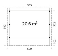 Plan du chalet de jardin avec dimensions et une surface de 20,6 mètres carrés