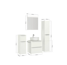 Maßzeichnung eines Badezimmersets mit Waschtisch, Waschbecken, Spiegelschrank und Hochschränken