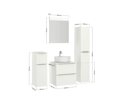 Plan coté d''un ensemble de salle de bains avec meuble-lavabo, vasque, armoire de toilette et armoires hautes