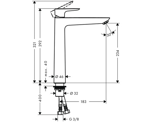 Schéma coté d''un robinet de lavabo avec les dimensions hauteur 321 mm, projection 234 mm et diamètre 46 mm.