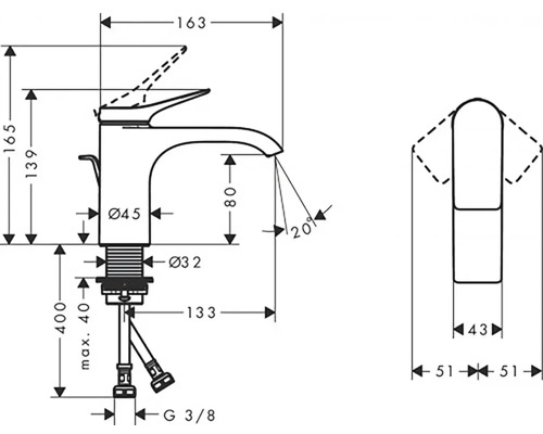 Schéma technique d''un robinet avec dimensions