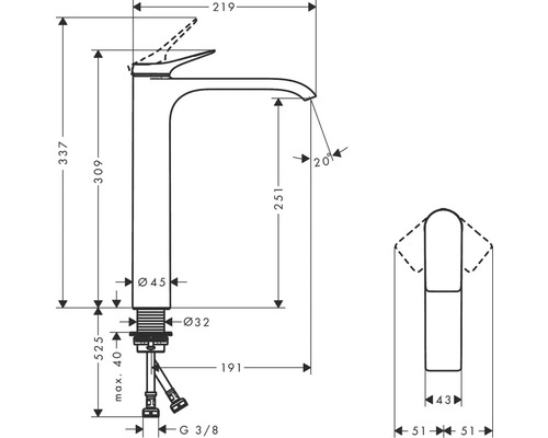 Technische Zeichnung einer Waschtischarmatur mit Maßangaben.