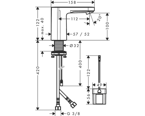 Technische Zeichnung eines Wasserhahns mit Maßangaben