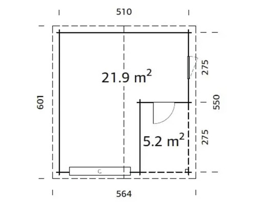 Grundrisszeichnung eines Gartenhauses mit Flächenangaben