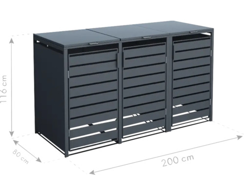 Cache-conteneur pour trois poubelles, dimensions 200 cm x 80 cm x 116 cm
