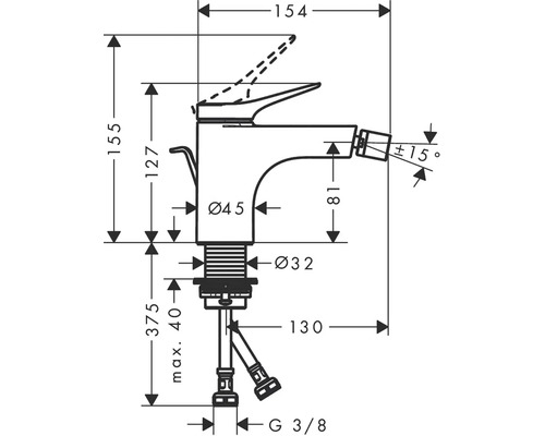 Technische Zeichnung eines Wasserhahns mit Maßangaben