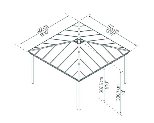 Dimensions d''un pavillon d''une longueur de 422 centimètres et d''une hauteur de 306,7 centimètres.