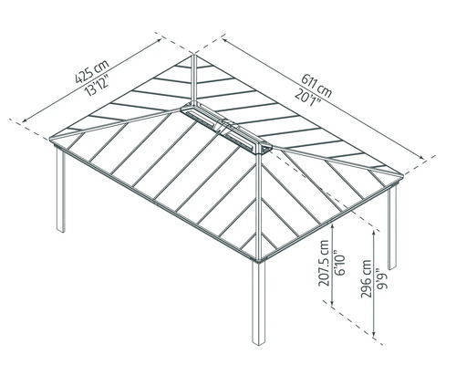 Abmessungen eines Pavillons mit einer Breite von 425 cm und einer Länge von 611 cm.