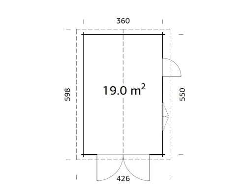 Grundriss eines Gartenhauses mit den Maßen 360 x 598 cm und einer Fläche von 19 Quadratmetern.