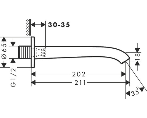 Technische Zeichnung eines Wandauslaufs mit Maßangaben