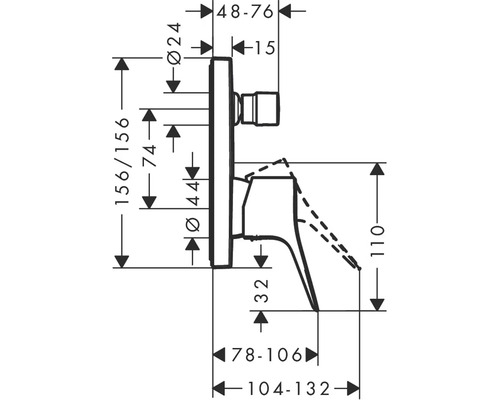 Schéma technique d''un robinet avec indications de dimension