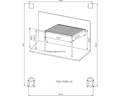 Technische Zeichnung einer Terrassenüberdachung mit Maßangaben