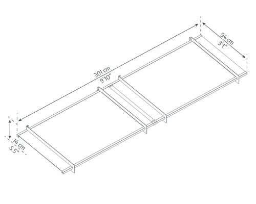 Technische Zeichnung eines Untergestells mit den Maßen 301 x 94 x 14 Zentimeter