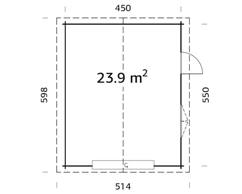 Grundrisszeichnung eines Gartenhauses mit den Maßen 450 x 598 x 514 x 550 cm und einer Fläche von 23.9 Quadratmetern