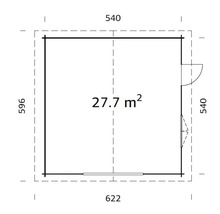 Grundriss des Gartenhauses mit Tür, Fenster und Maßangaben