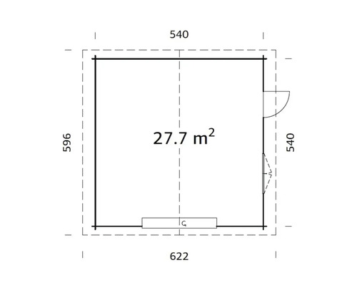 Grundrisszeichnung eines Gartenhauses mit Größenangaben